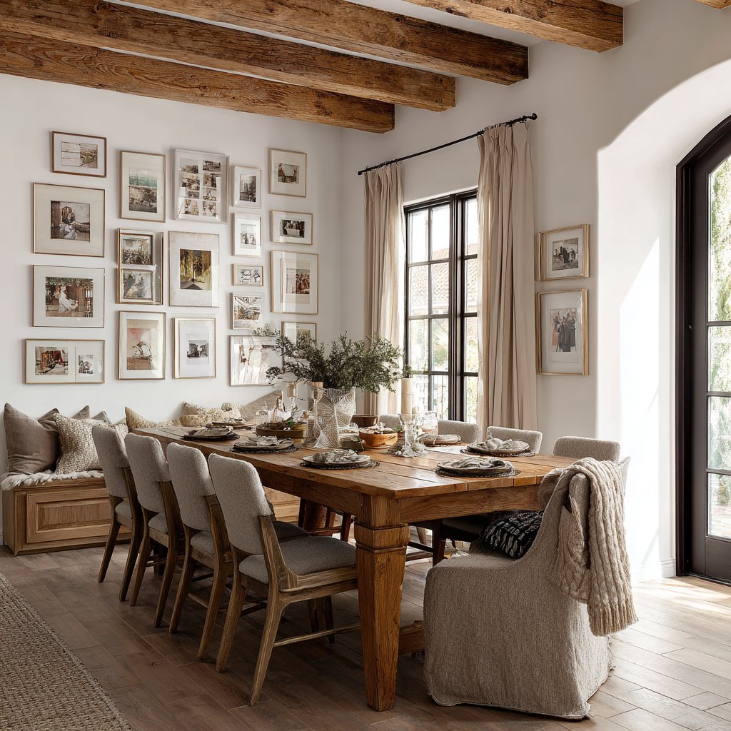Dining room with a rustic wooden table, exposed ceiling beams, and a gallery wall of framed pictures.