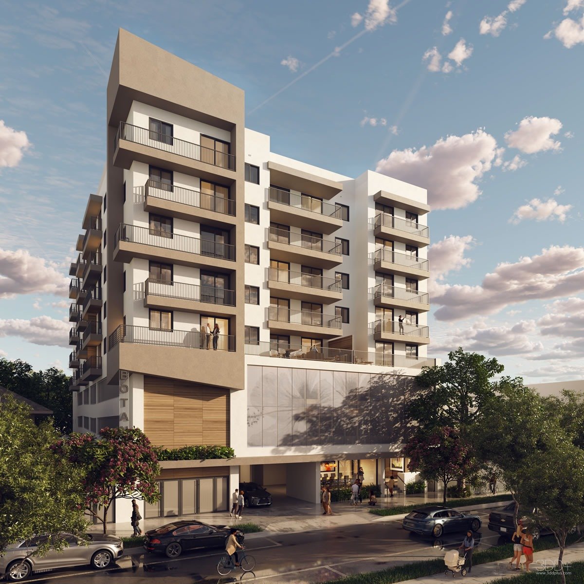 Botanic Residences exterior rendering with stacked balconies and landscaped street frontage.