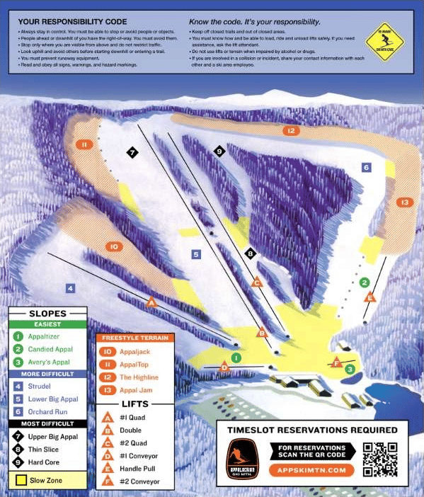 Ski-area trail map showing color-coded slopes, lifts, freestyle terrain, slow zones, and a reservation QR code.