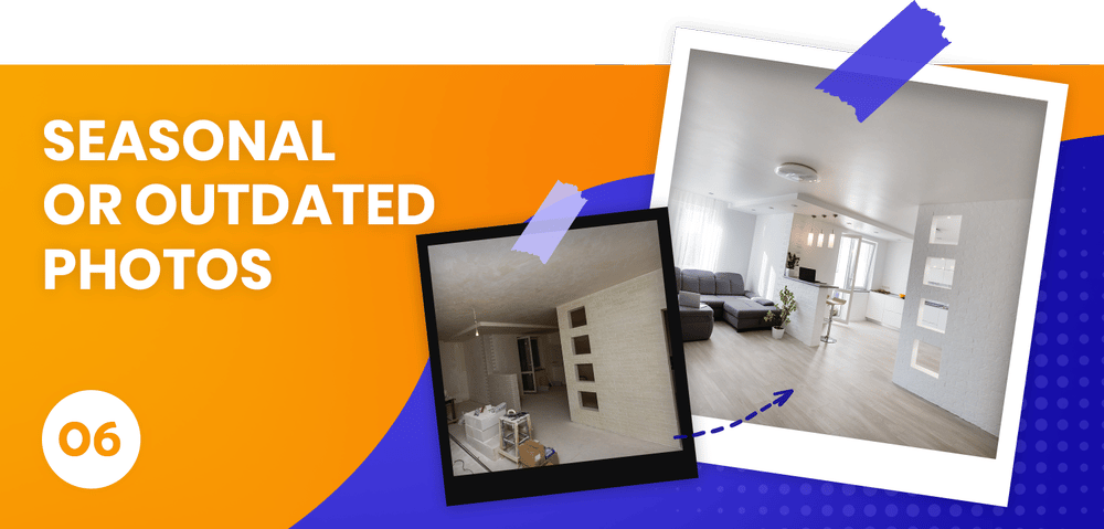 Graphic about seasonal or outdated listing photos, contrasting a dim room with a bright updated interior.