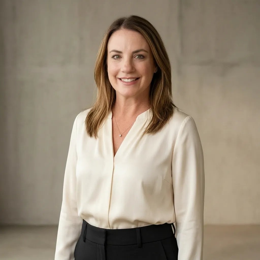 Jeni Litvinchuk in a white blouse against a neutral interior backdrop.