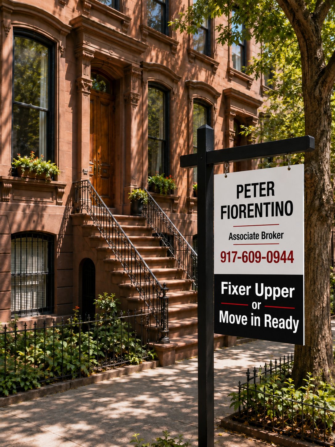 Brooklyn brownstone with a leafy stoop and a Peter Fiorentino real estate sign.