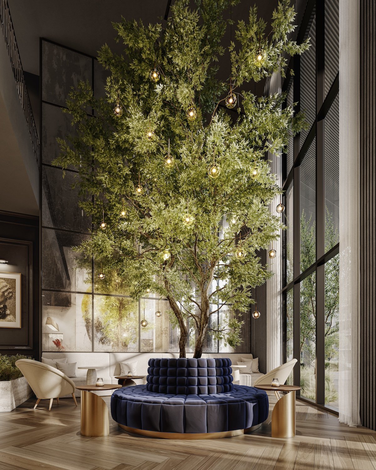 Cello Tower lounge with a pendant-lit indoor tree and circular navy-blue seating.