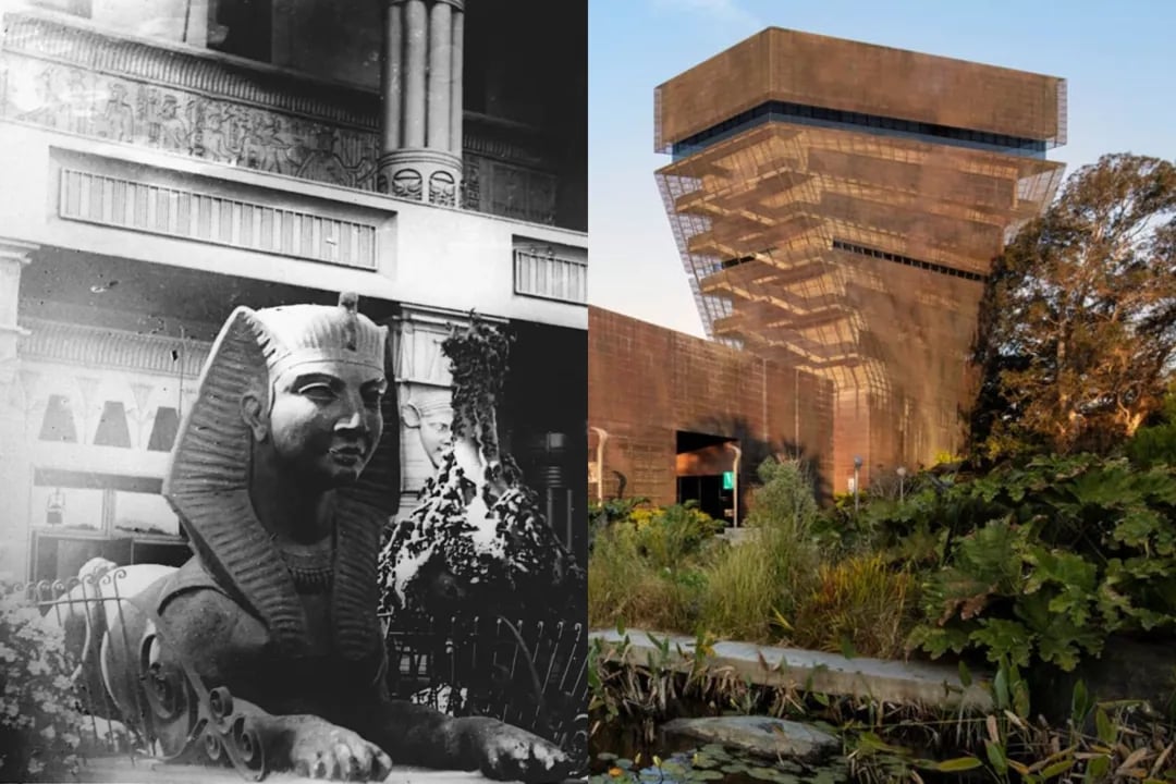 A historical photograph showing the original de Young Museum building alongside the current Herzog & de Meuron structure, demonstrating architectural evolution over time.