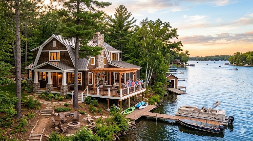 Wooded lakefront home with a stone chimney, wraparound deck, dock, and pontoon boat at sunset.