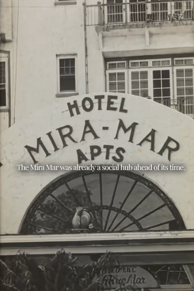 Mira-Mar Apartments facade with its arched hotel sign and fan-shaped window grille.