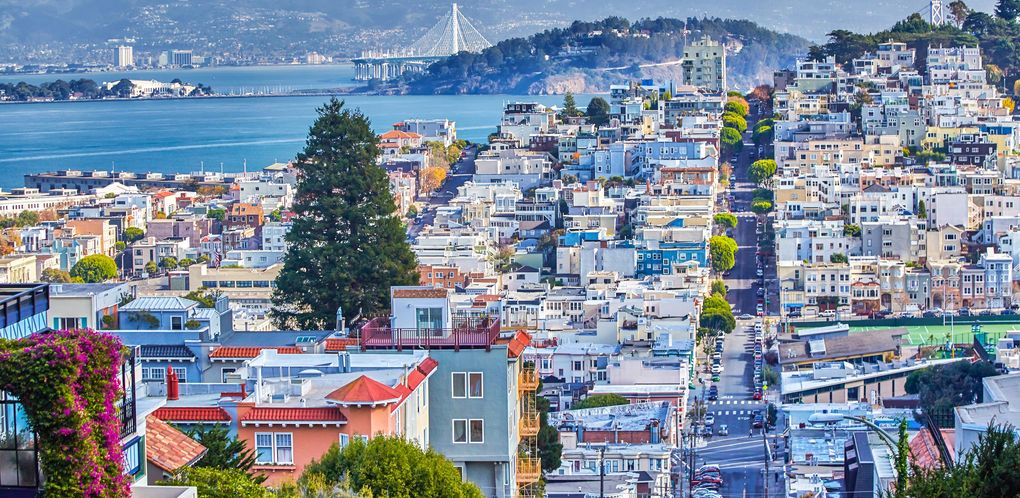 San Francisco hillside rooftops overlook the bay and Bay Bridge.