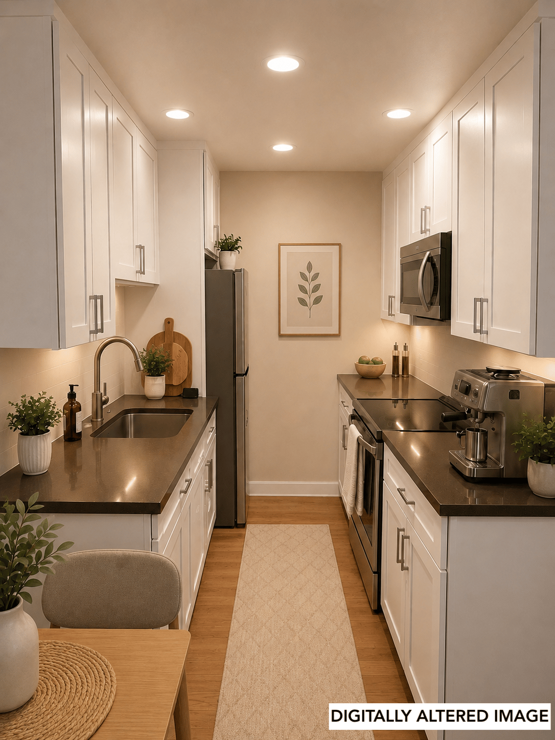 Updated galley kitchen with quartz countertops, white cabinetry, stainless steel appliances, and modern staging.