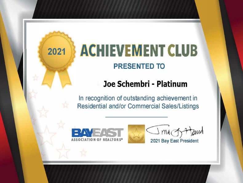  An "ACHIEVEMENT CLUB" certificate from "BAY EAST ASSOCIATION OF REALTORS®" awarded to "Joe Schembri - Platinum" in 2021. 