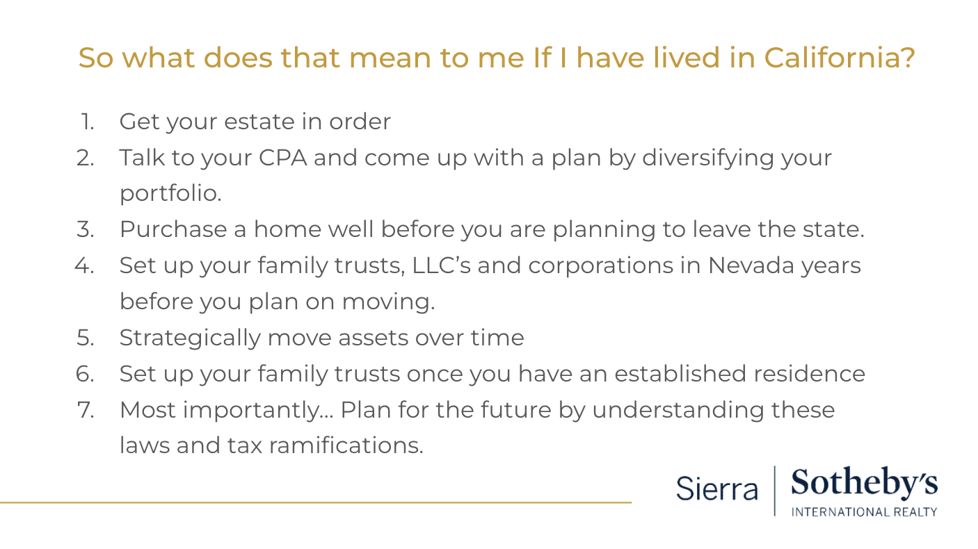 Seven planning steps for California residents moving to Nevada, with Sierra Sotheby’s International Realty branding.