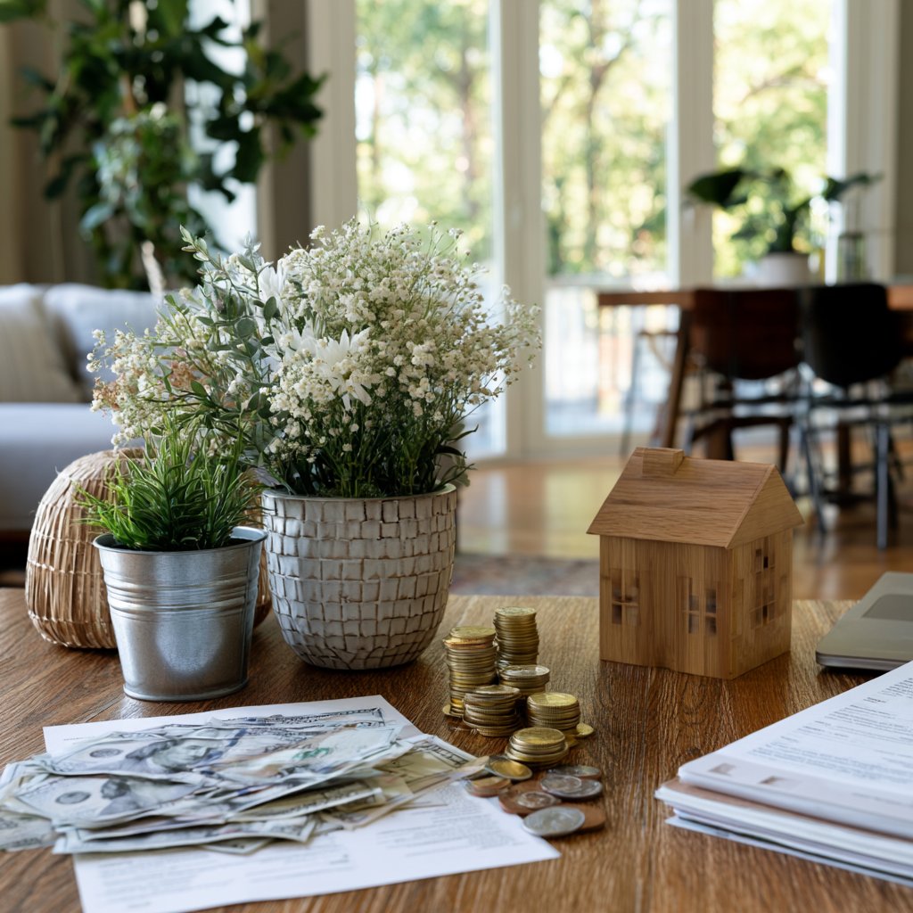 Model house, coins, cash, and paperwork arranged on a table in a bright living room.