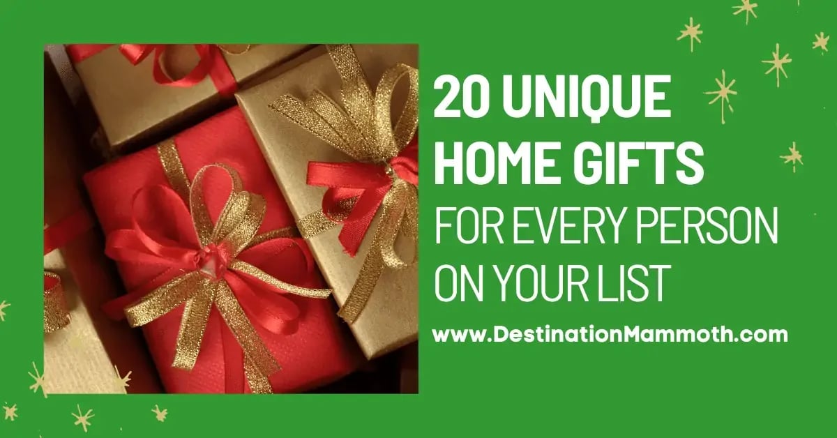 Graphic promoting 20 unique home gifts for every person on your list, beside red and gold wrapped presents.