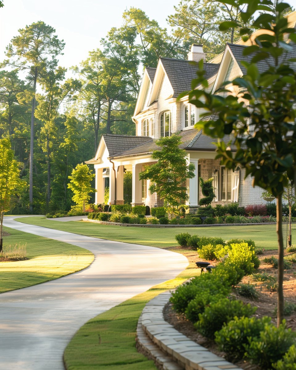 Large home with landscaped grounds and curved driveway in a wooded community