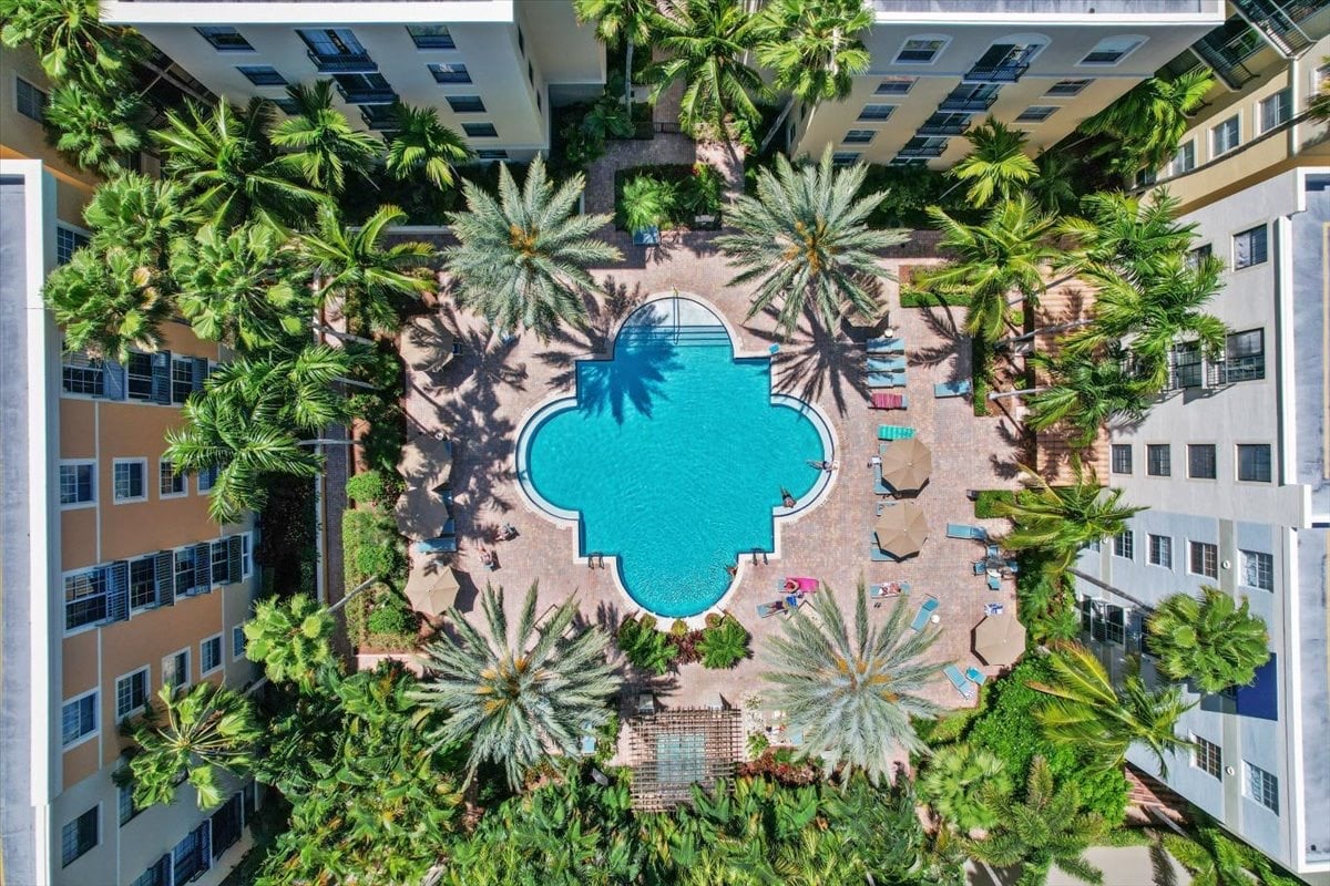 Living area of a two-bedroom condo at The Courtyards in CityPlace in downtown West Palm Beach, Florida