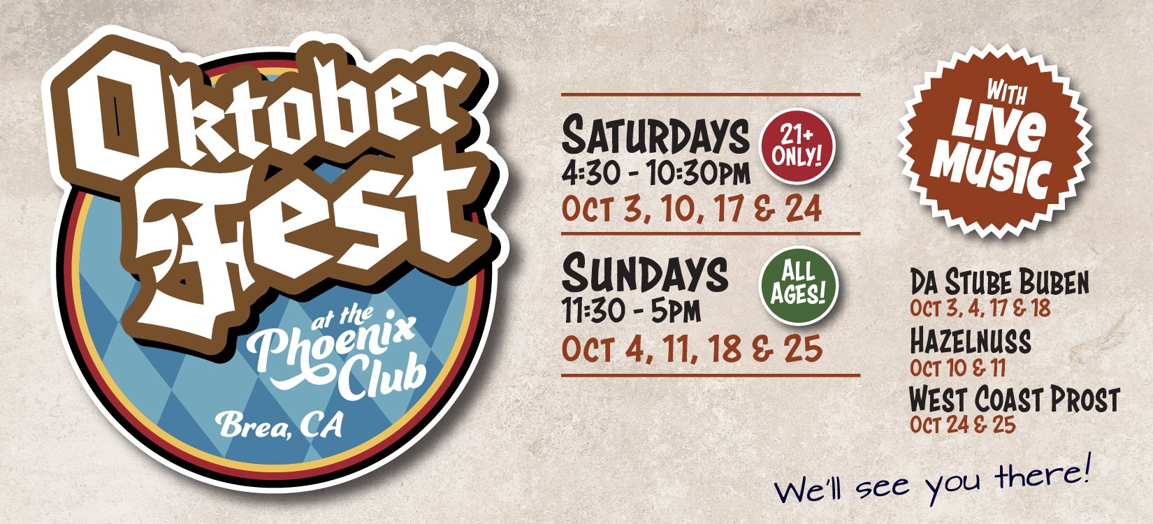 Oktoberfest at the Phoenix Club in Brea, with October dates, event hours, age details, live music, and performers.