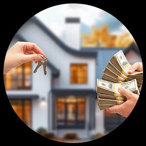 Modern house with a hand holding keys and another fanning out cash in front.