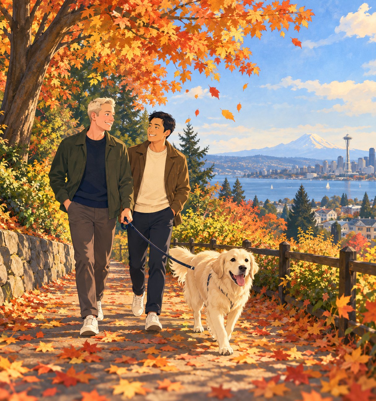 Two men walk a golden retriever beneath autumn trees overlooking Seattle and Mount Rainier.