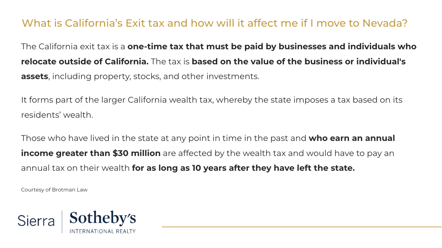 Graphic explaining California’s exit tax and wealth tax for people moving to Nevada.