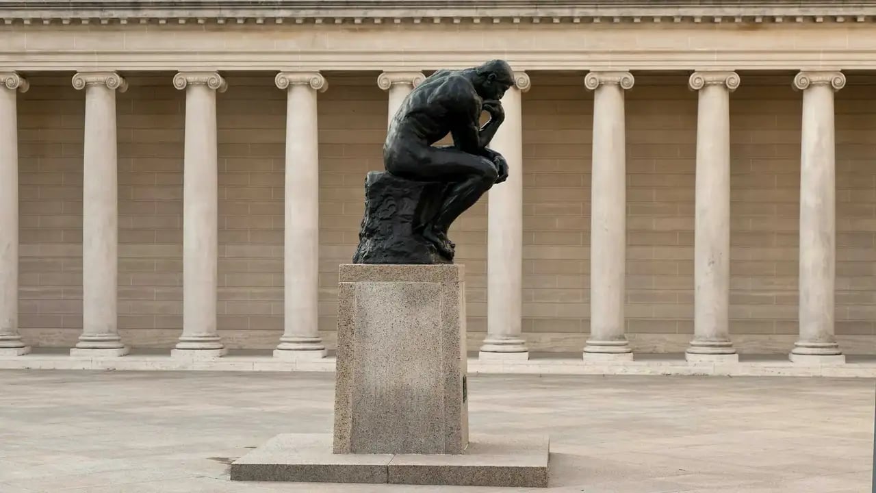 A close-up of Auguste Rodin’s The Thinker in the museum’s sculpture garden.