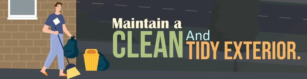 Illustration encourages keeping a home's exterior clean and tidy, with a person sweeping and collecting trash.