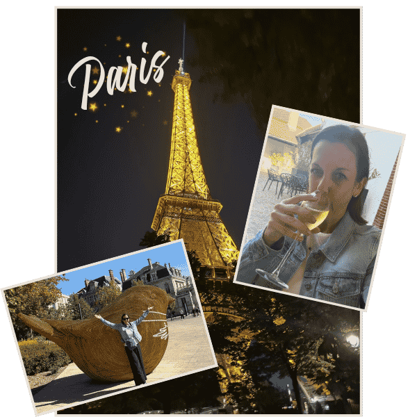 Paris collage with the illuminated Eiffel Tower and snapshots of a woman dining and a person beside a sculpture.