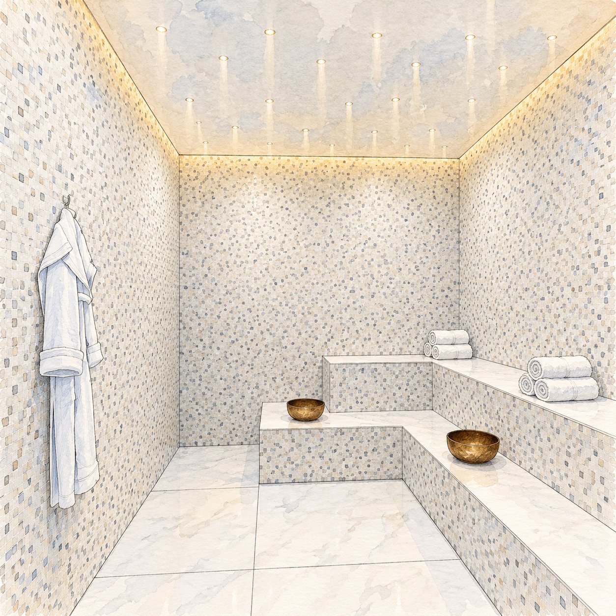 Tiled steam room with built-in stone benches, hanging robes, and rolled towels.