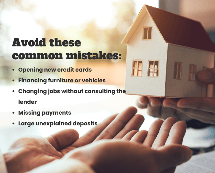 Pre-approval checklist of common financial mistakes beside hands holding a model house.