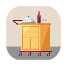 Illustrated serving cart with cabinet doors, a covered dish, a bottle, and two glasses.