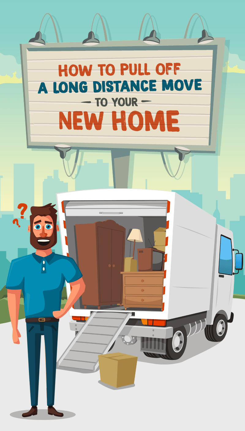 Long-distance moving graphic with a worried man beside a furniture-filled moving truck.