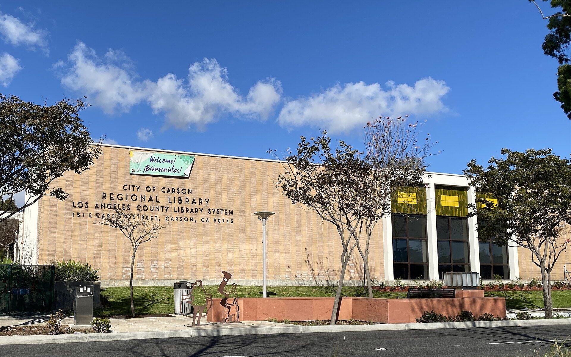 The Los Angeles County Library Carson branch at 151 E Carson St, photographed February 2024