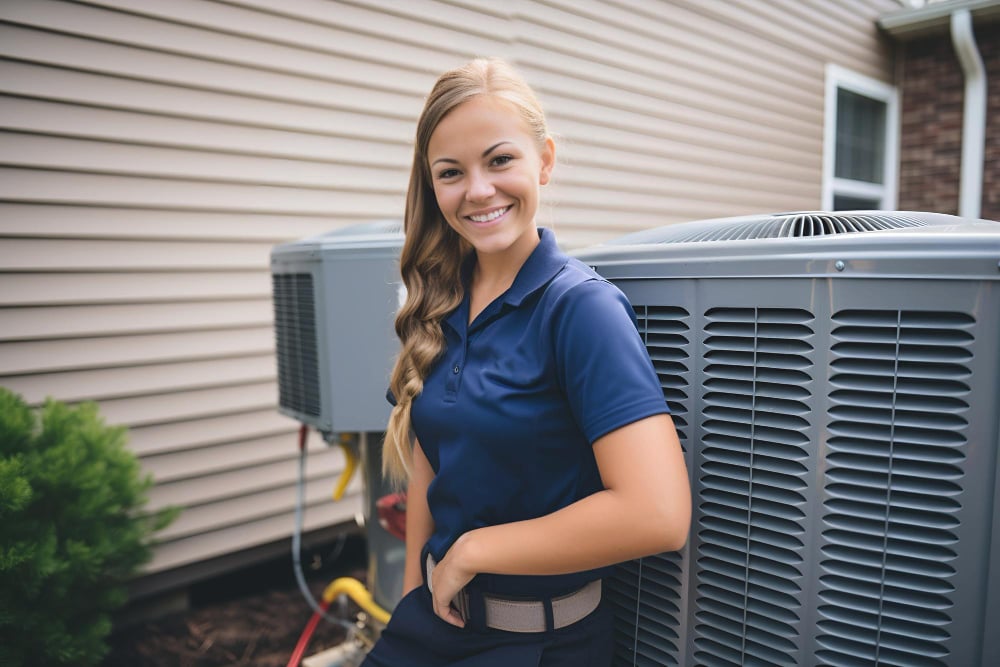 HVAC technician performing a maintenance check on an outdoor unit to ensure efficient cooling for spring.
