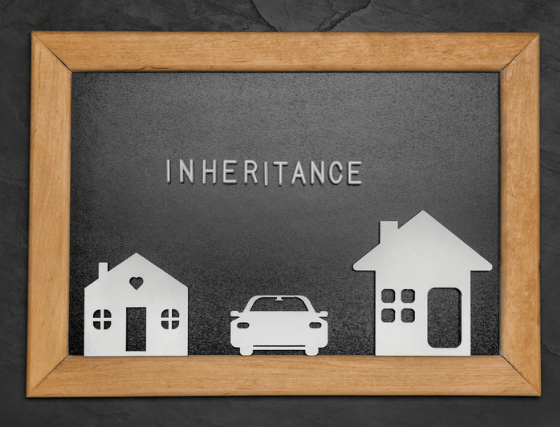 Inheritance-themed graphic with a framed chalkboard, house and car silhouettes.