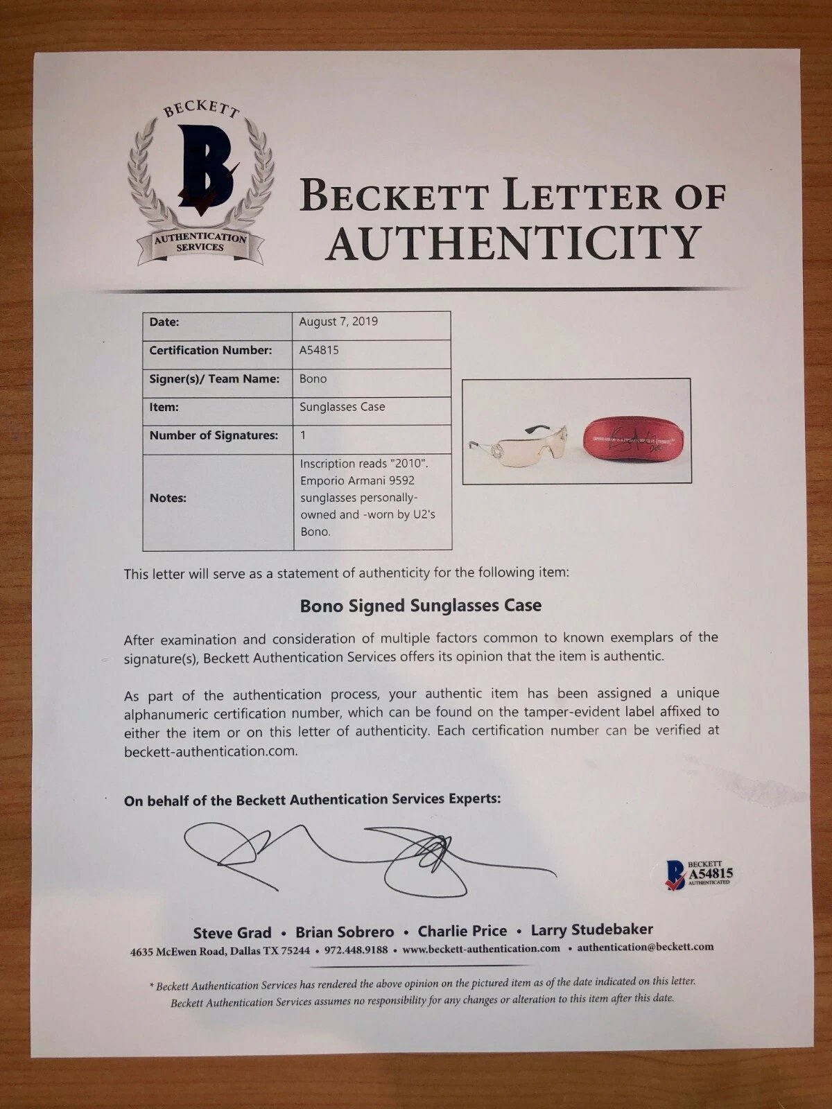 Collectors Corner - U2 BONO'S PERSONAL EMPORIO ARMANI SUNGLASSES — OWNED, WORN & SIGNED | ONE OF THE MOST ICONIC PIECES OF ROCK MEMORABILIA  - Wyatt Poindexter - The Agency Oklahoma