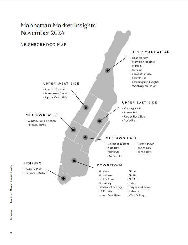 Manhattan neighborhood map marking seven areas and listing neighborhoods in the November 2024 market report.