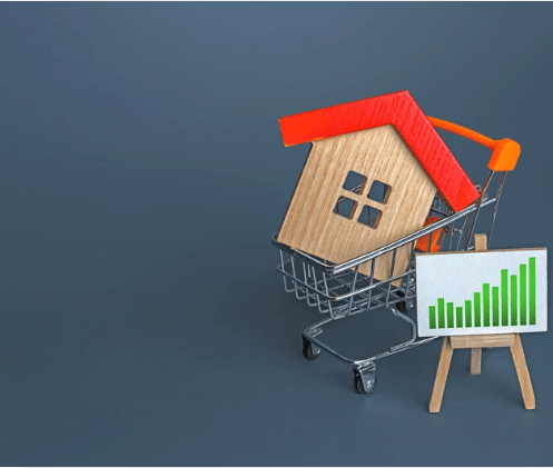 A red-roofed house in a shopping cart beside a rising green bar chart.