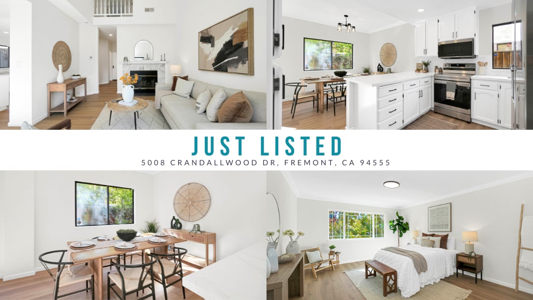 Just-listed graphic for 5008 Crandallwood Dr, featuring the home’s living room, kitchen, dining area, and bedroom.