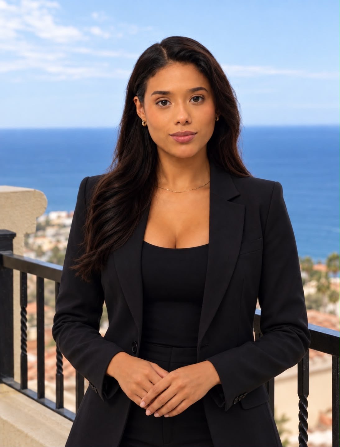 Coronel in a black suit on a balcony overlooking the ocean.