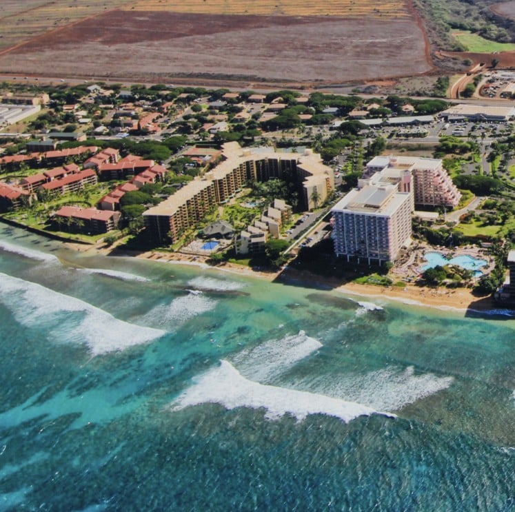 aerial of kaanapali shores in west maui with papakea next to it