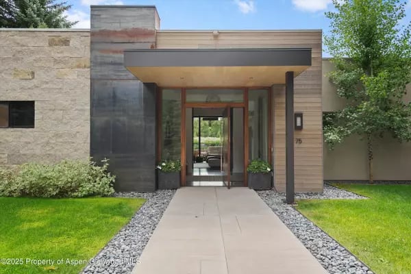 Modern home entrance with a deep canopy, glass doors, and a stone-lined walkway.