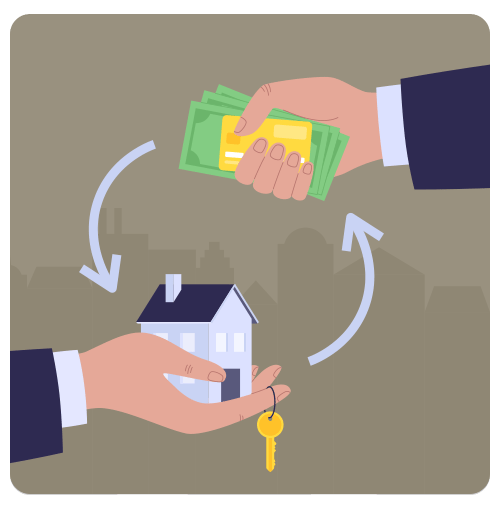 Illustration of a home sale, with hands exchanging cash, a house, and a key.