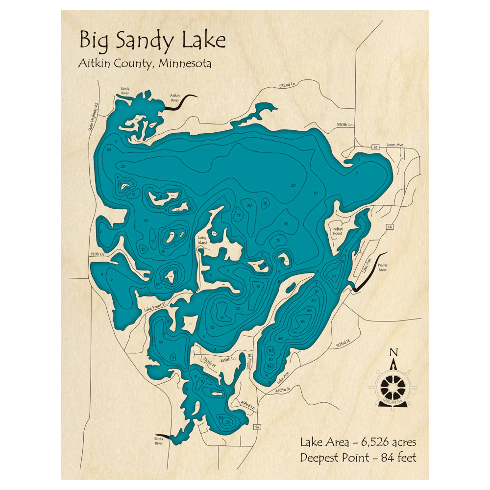 Big Sandy Lake depth map showing islands, contour lines, and a deepest point of 84 feet.