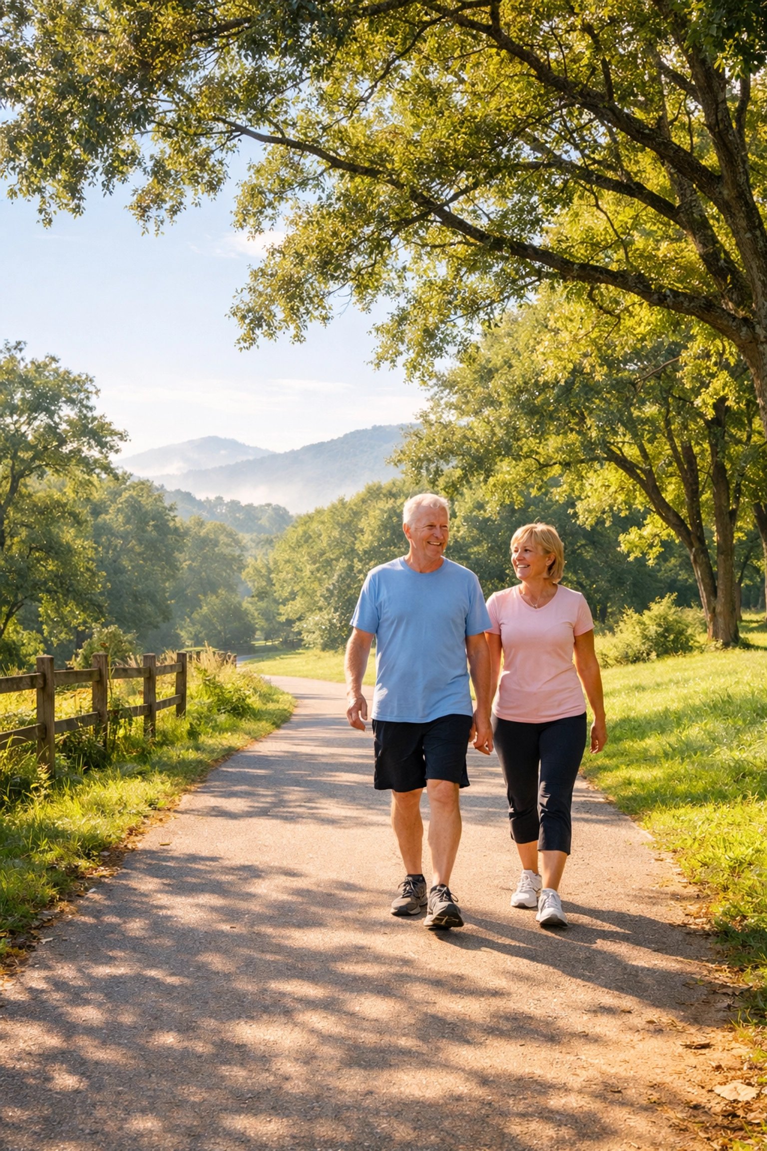 Older couple walking on a shaded park path beneath leafy trees.