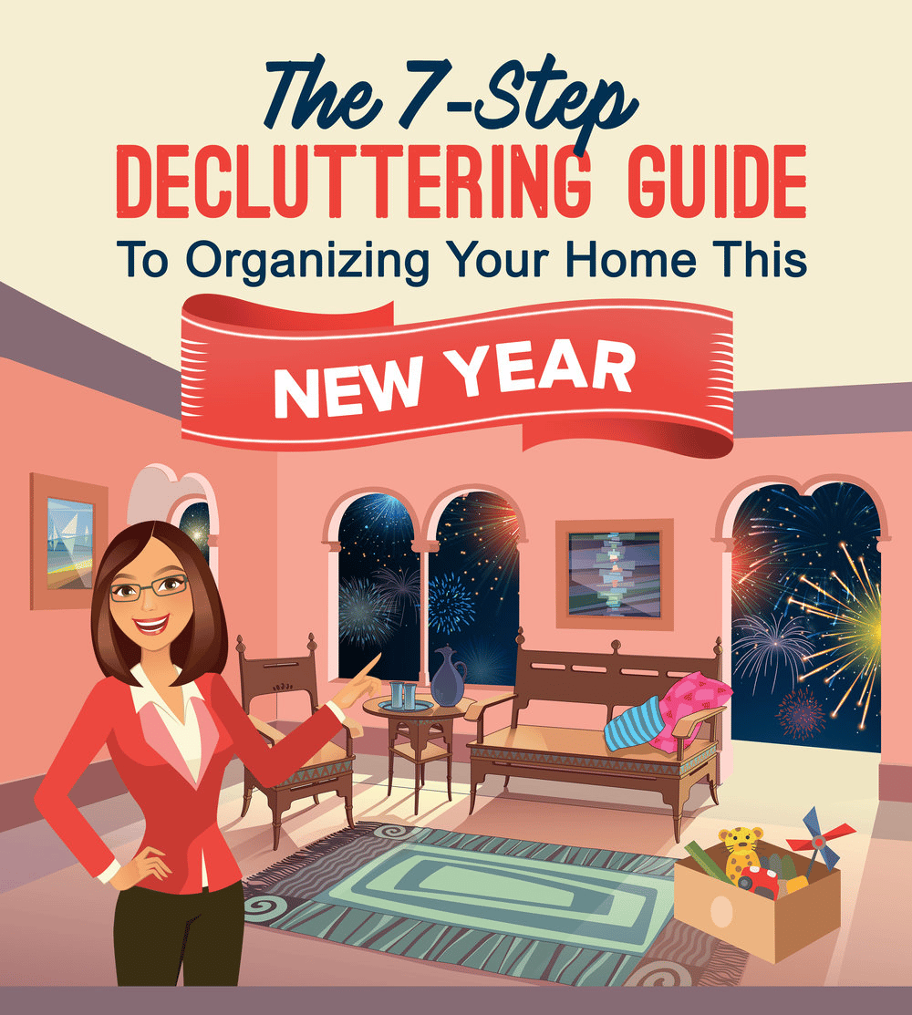 Illustrated 7-step decluttering guide banner with a woman presenting a living room and fireworks outside.