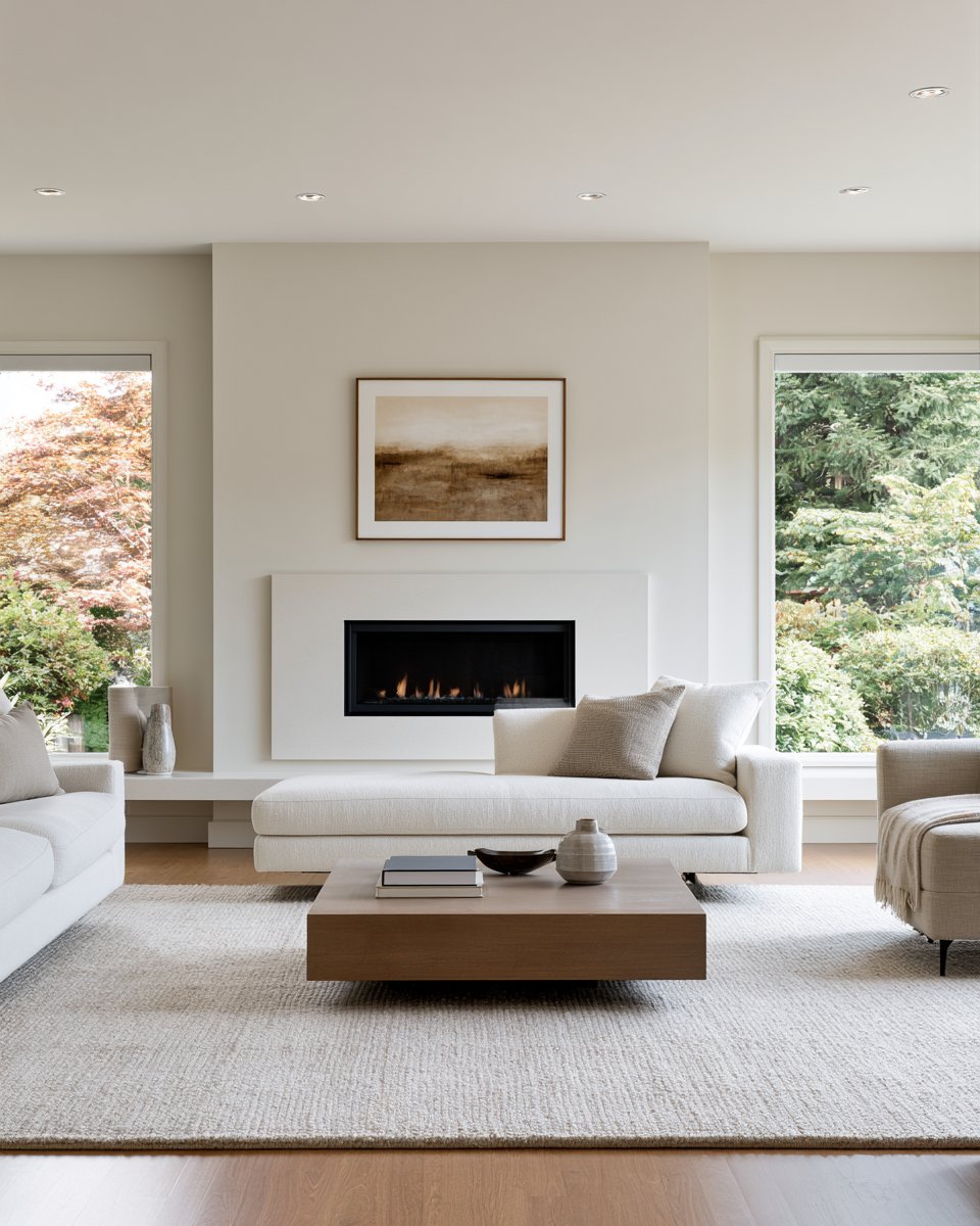 Staged living room with a modern fireplace, neutral sofas, and wide windows overlooking trees.