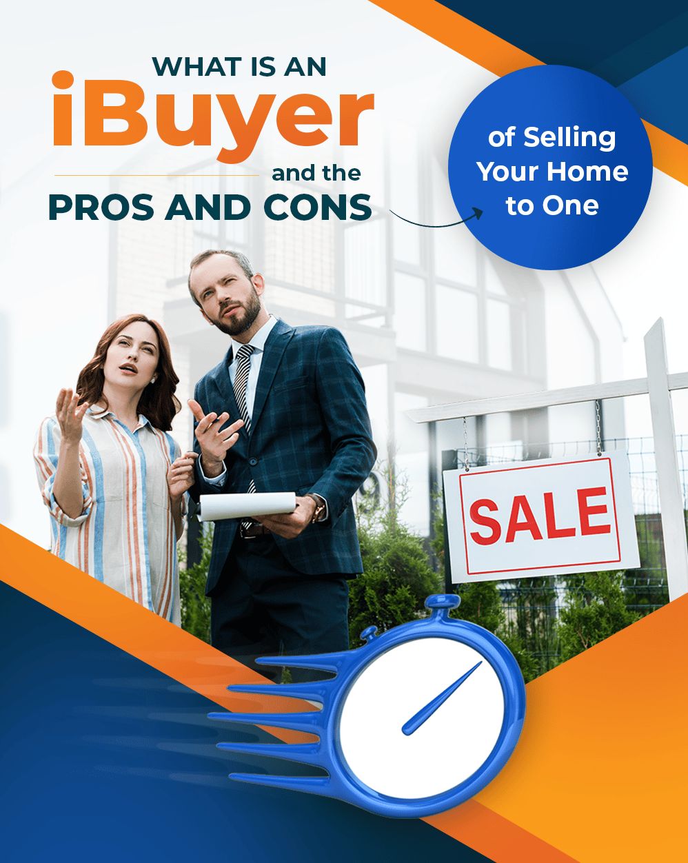 iBuyer pros and cons graphic with a couple, a home for sale sign, and a speedometer.