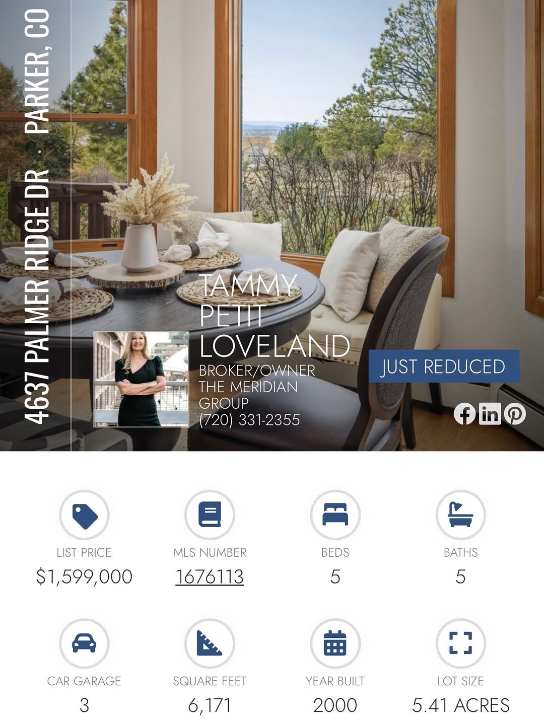 Aerial view of 4637 Palmer Ridge Drive luxury estate on 5.41 wooded acres in Parker, CO Sterling Tree Farm with mountain backdrop and wraparound deck.