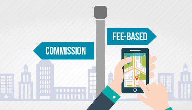 Commission versus fee-based models, illustrated with a phone displaying a map.