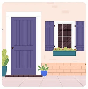 Illustrated home front with a purple door, shuttered window, flower box, and potted plants.