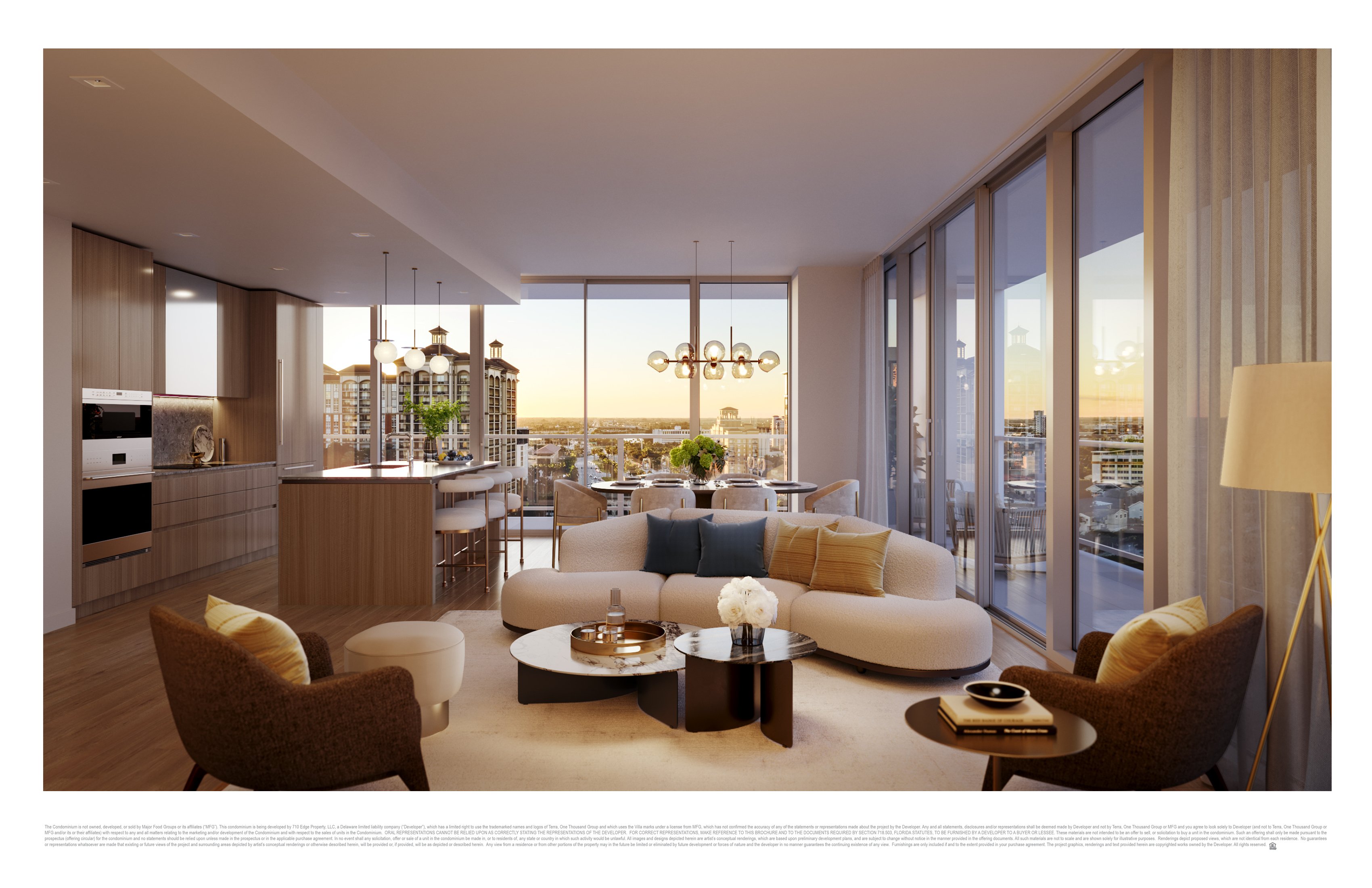 Rendering of a Mr. C Residences West Palm Beach living room with floor-to-ceiling windows