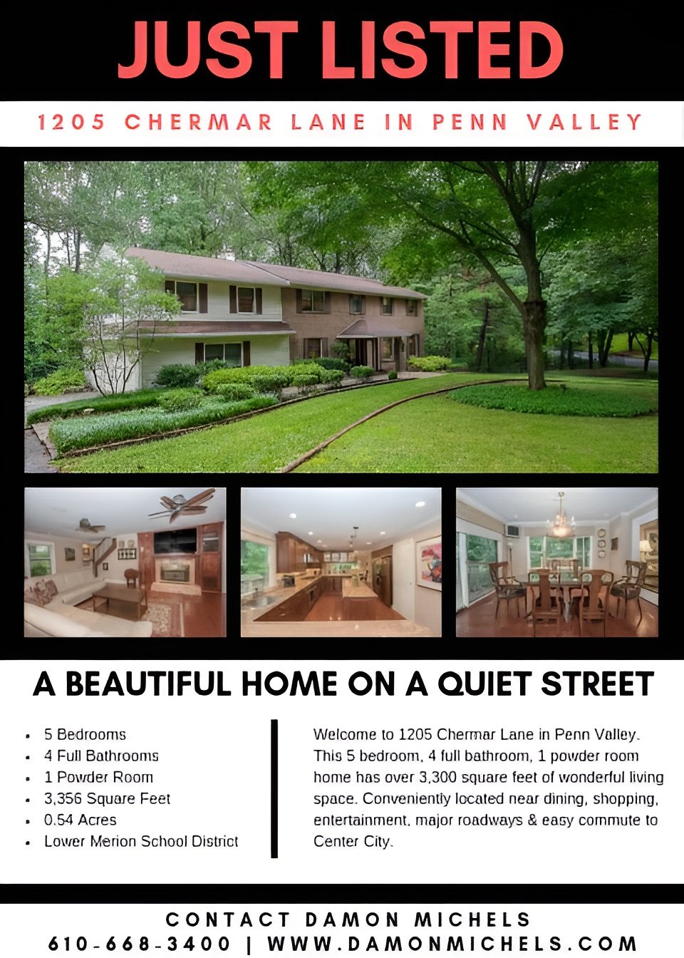 Listing flyer for 1205 Chermar Lane, featuring the wooded home's exterior and photos of its living room, kitchen, and dining room.